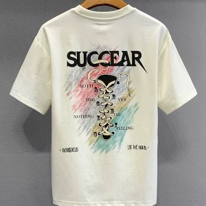 2025 summer creative printed apricot color short-sleeved T-shirt men's trendy brand loose half-sleeved round neck top