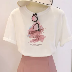 Graffiti white sweet short-sleeved T-shirt for women's front shoulder round neck top 2025 season new Dongdaemun loose t-shirt