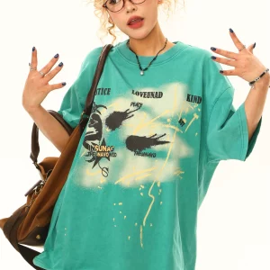 Light Blue Custom American Aged Letter Print Short Sleeve T-shirt Women's 2025 Summer Retro Loose Top