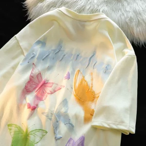 Escape from Earth Japanese sweet style butterfly short-sleeved T-shirt for women in summer loose casual versatile couple half-sleeved top