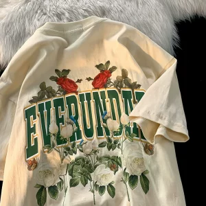 Escape from the Earth American retro rose print round neck short-sleeved T-shirt vintage trendy brand design couple top