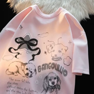 Japanese cute bow puppy printed short-sleeved T-shirt for women in summer loose slim and versatile couple half-sleeved top
