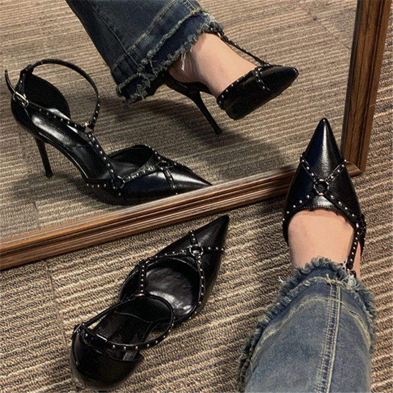 2023 Women's Retro Pointed Toe Rivet High Heels - Punk Style Single Strap Thin Heels Sandals for Fashion-Forward Looks