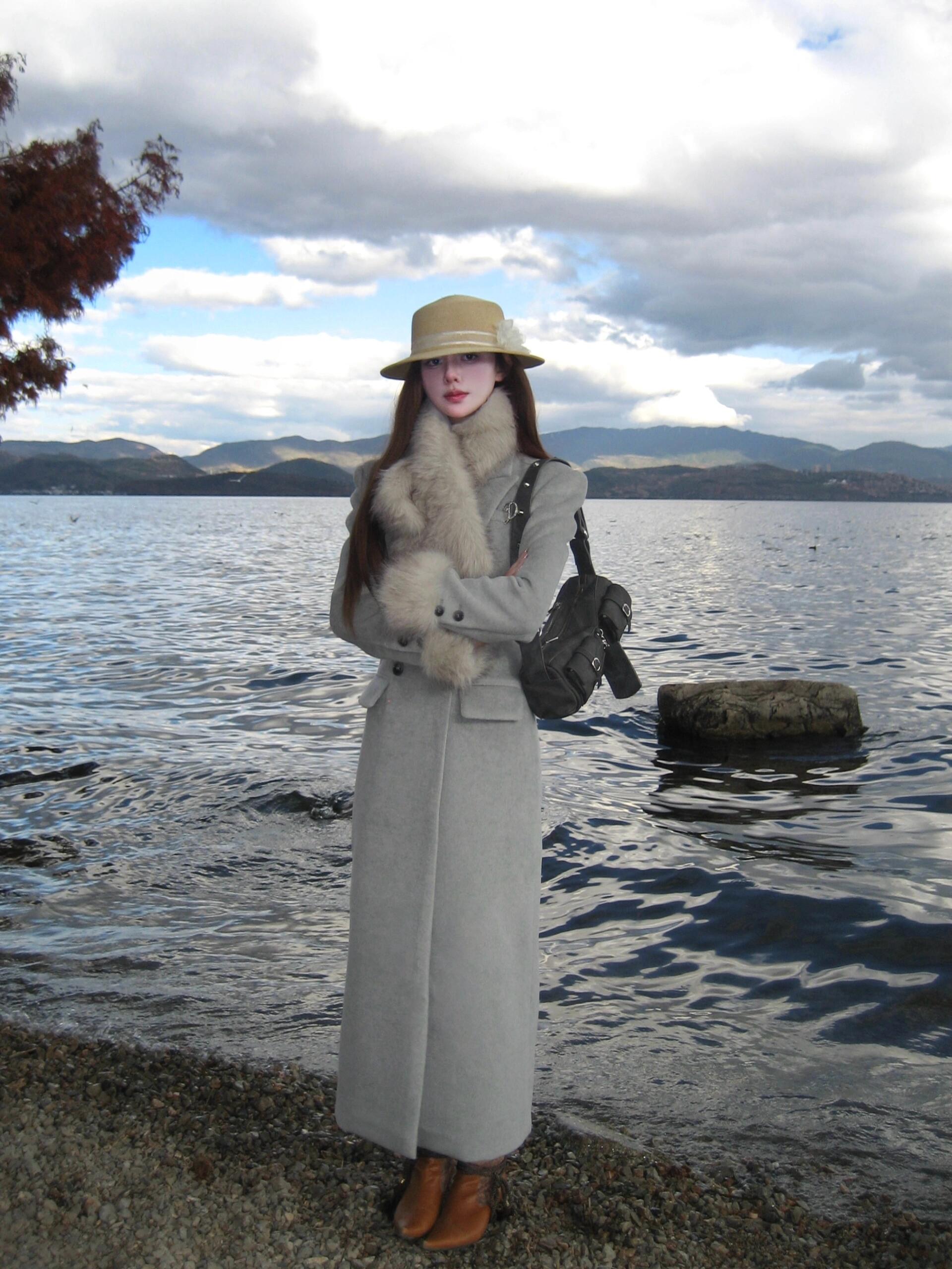2024 Autumn Winter Women's Hourglass Waist Woolen Coat - Mid-Length Thickened Design for Chic Style