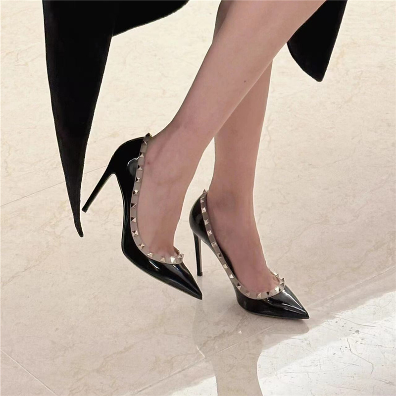 2024 Spring Women's Black Patent Leather Stiletto Heels with Rivets - Sexy Versatile Commuter Shoes for Elegant Style