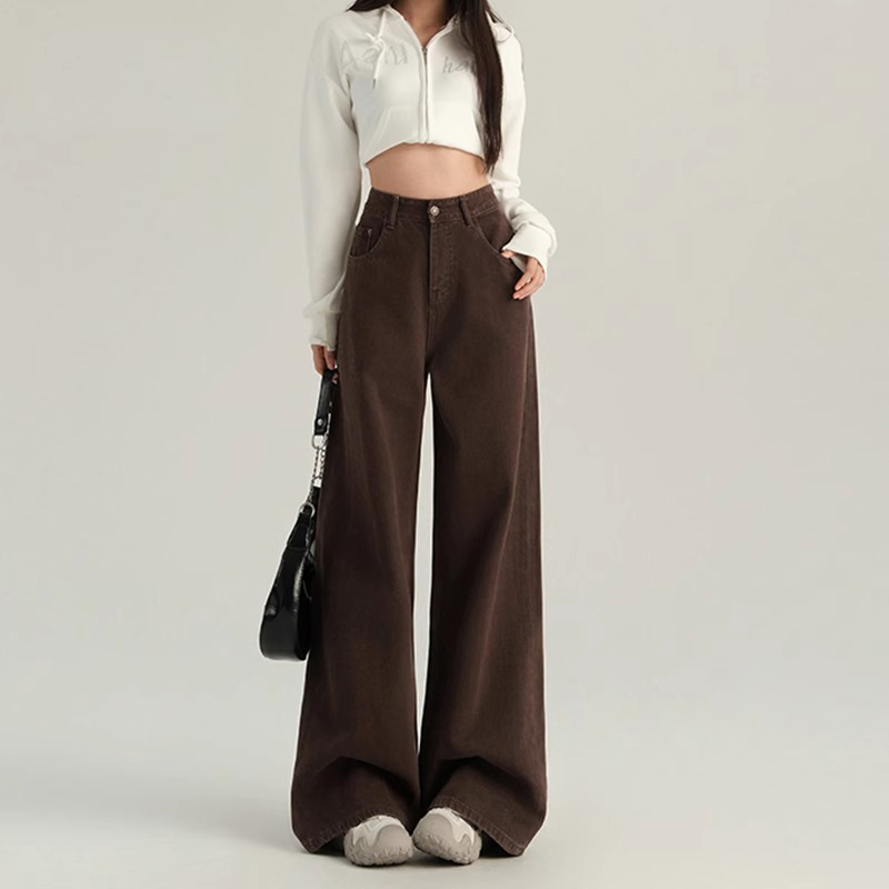 2024 Women's Coffee-Colored Fleece-Lined Wide-Leg Jeans, High-Waisted Slim-Fit, Autumn Winter Fashion, Loose Straight-Leg Pants