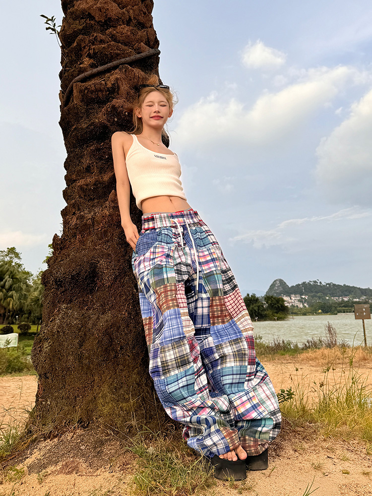 2025 American Retro Colorful Patchwork Plaid Wide-Leg Pants Unisex Versatile Floor-Length Trousers Y2K Style