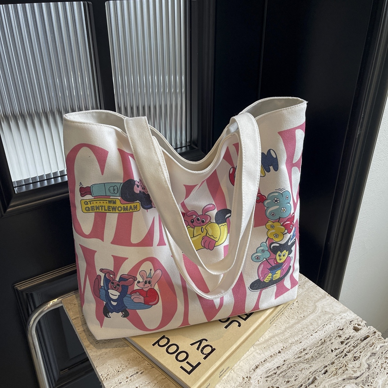 2025 Cartoon Letter Canvas Tote Bag for Women, Large Capacity Shoulder Bag for Class, Commuting, and Short Trips