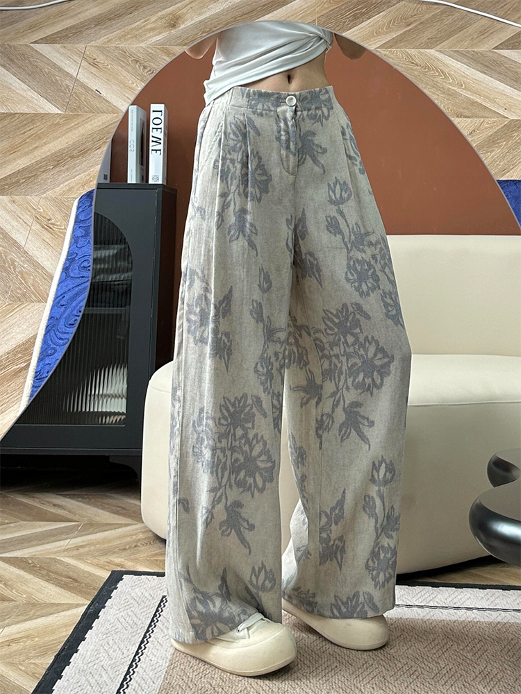 2025 Floral Printed Wide-Leg Pants for Women, Long Draped Ice Silk Trousers, Lightweight Summer Straight Leg Style