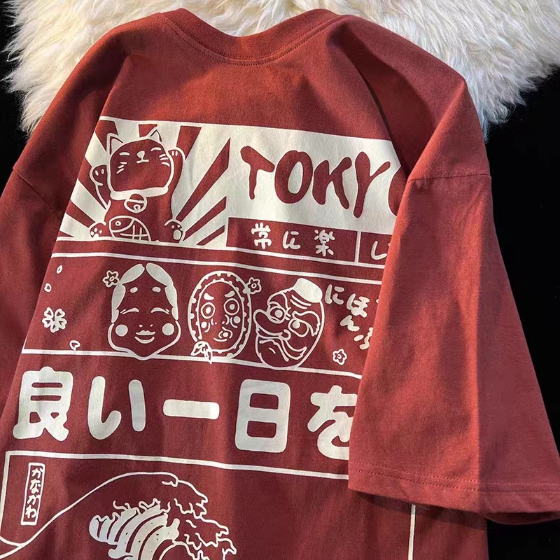 2025 Japanese-Style Loose Cartoon Print Red Short Sleeve T-Shirt for Couples - Trendy Y2K Aesthetic