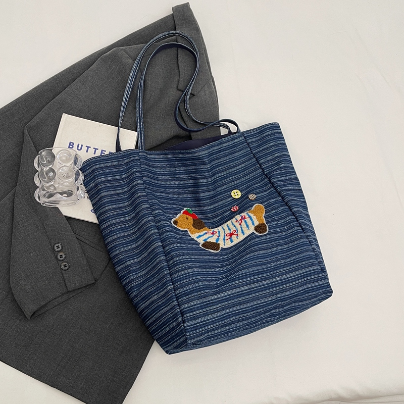 2025 Spring Summer Striped Canvas Shoulder Tote Bag - Cute Large Capacity Casual Commuting Bag for Women