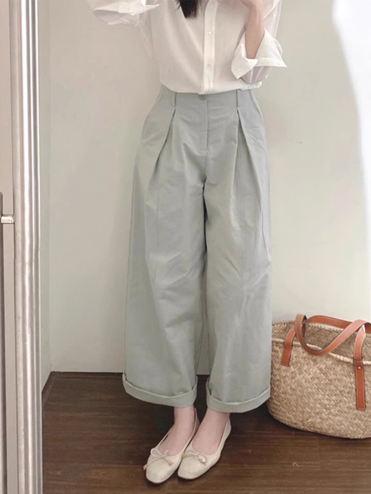 2025 Summer Women's Retro Rolled-Up Nine-Point Casual Wide-Leg Pants - Loose BF Style Relaxed Fit