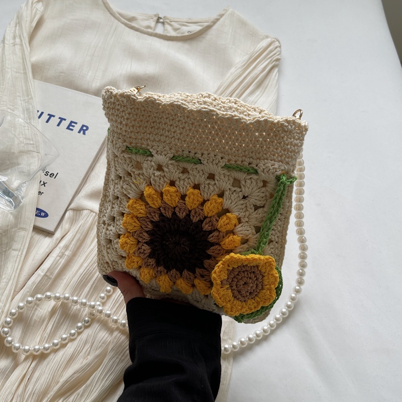2025 Women's Cotton Woven Crossbody Bag with Pearl Chain - Small Beach Vacation Phone Bag for Summer Style