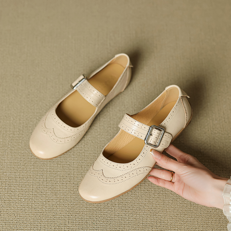 2025 Women's Genuine Leather Mary Jane Flats - French Brogue Small Leather Shoes with Single Strap, Soft Ballet Style
