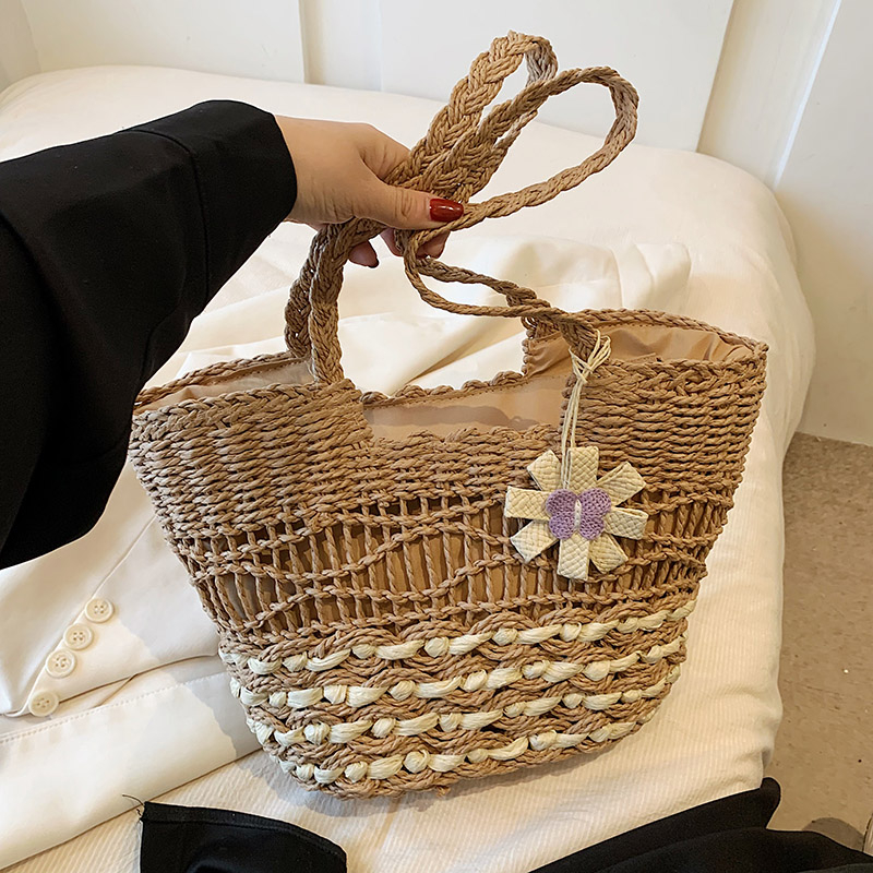2025 Women's Hollow Woven Straw Beach Bag - Handheld Summer Seaside Vacation Tote for Commuting and Vegetables