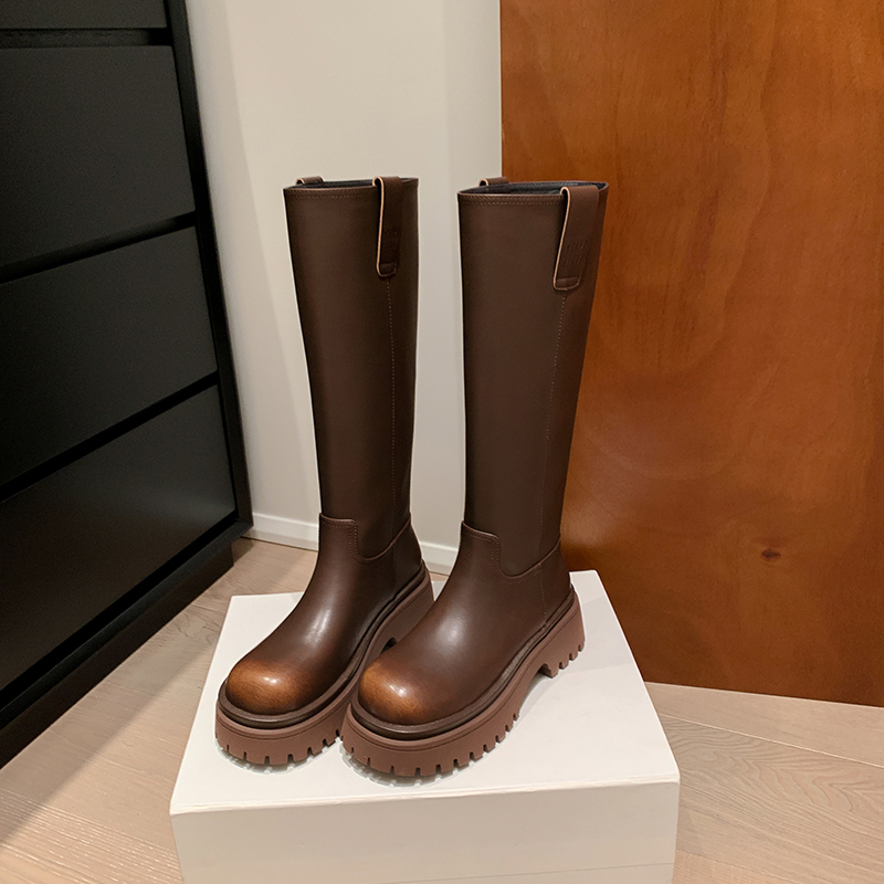 23 Autumn/Winter Women's Western Riding Boots - Thick-Soled Mid-Heel Genuine Leather Round-Toe Long Boots