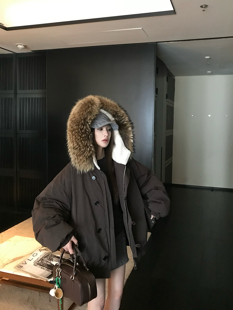 90s Inspired Women's White Duck Down Jacket with Large Raccoon Fur Collar - Thick Warm Winter Coat
