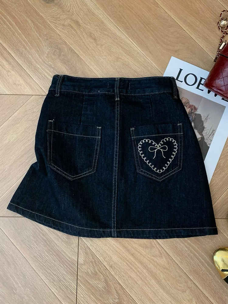 A-Line Denim Mini Skirt with Back Pocket Heart Embroidery - Summer Vintage Korean Style, Versatile Fashion Essential
