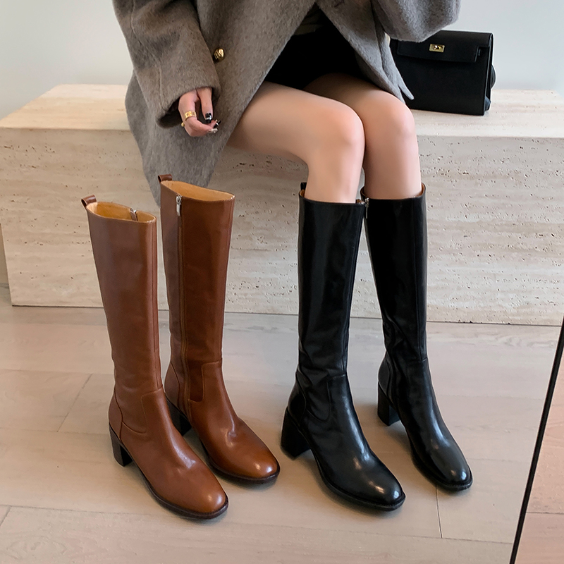 All-Leather High-Heeled Knee-High Knight Boots with Chunky Heels - Show Off Long Legs in Stylish 24ss Design