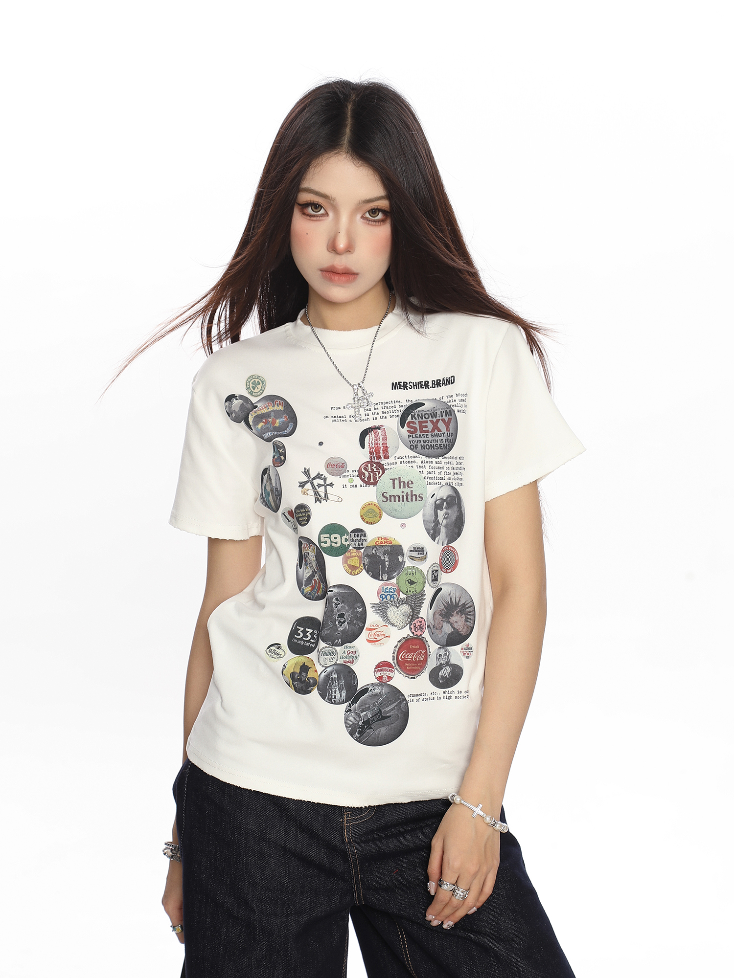 American Badge All-Over Print Round Neck Short Sleeve T-Shirt for Women - Summer Loose Casual Versatile Top, Trendy 90s Style