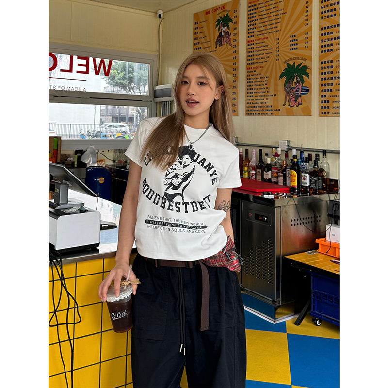 American Retro Casual Short Sleeve T-Shirt for Women - Trendy Summer Street Style Top, Versatile Everyday Wear