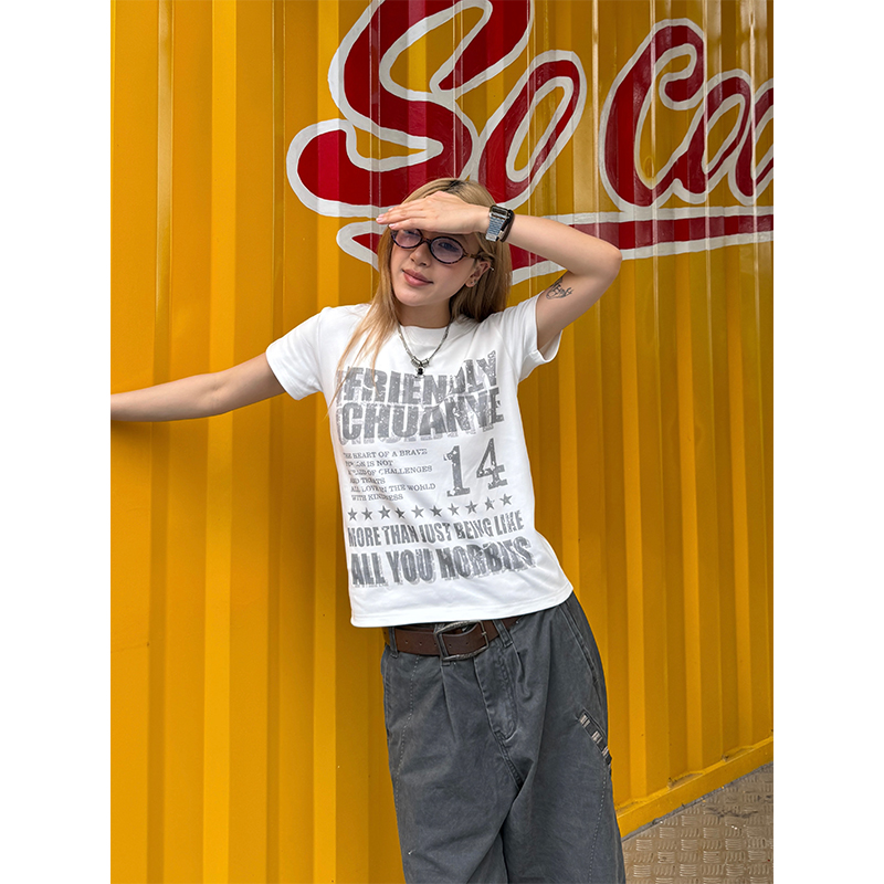 American Retro Distressed Printed Shoulder Short Sleeve Women's T-Shirt - Casual Summer Top, Y2K Style