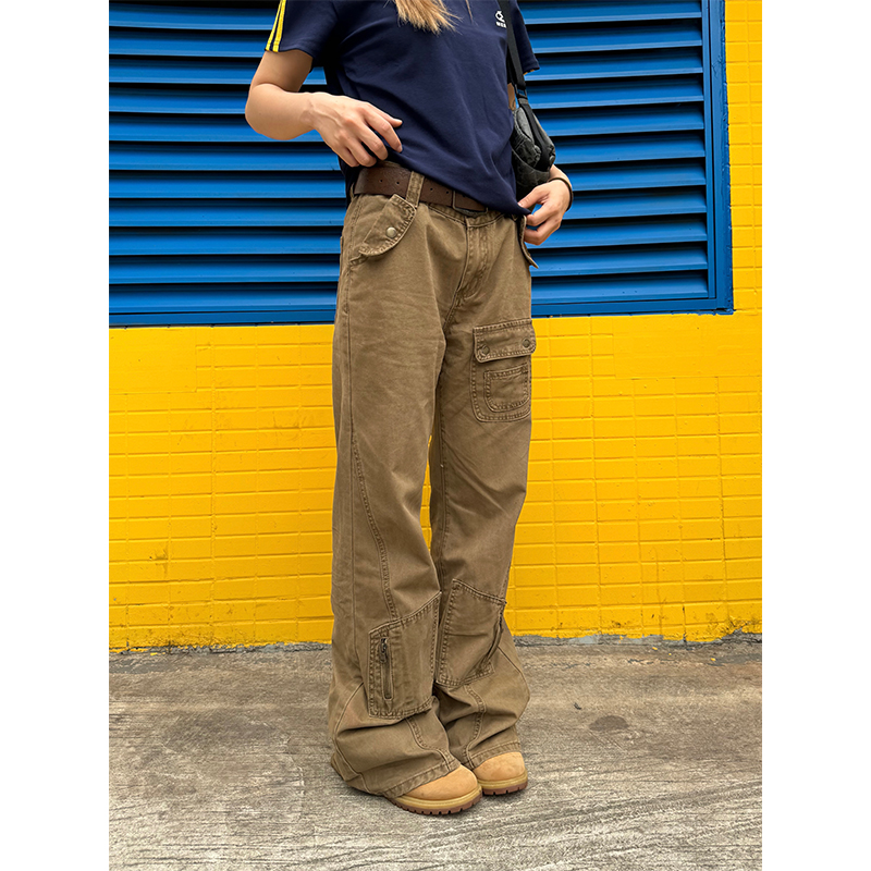 American Retro Straight-Leg Micro-Flare Work Pants for Men and Women, Multi-Pocket Street Style Spliced Long Pants