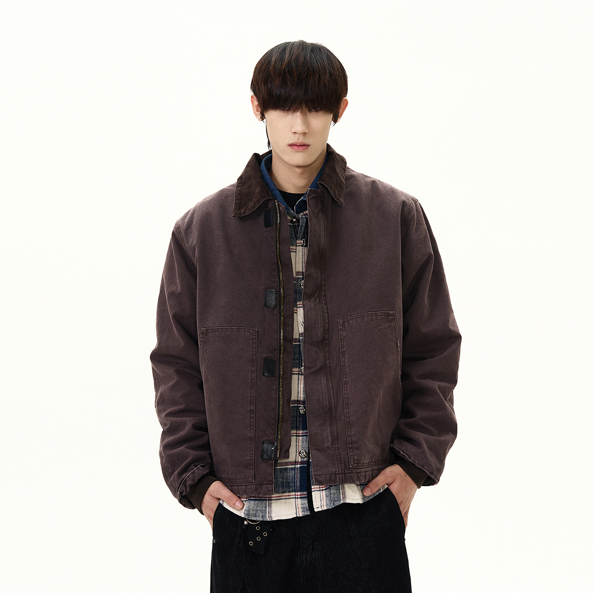 American Retro Vintage Distressed Workwear Lapel Jacket - Short Thick Coat for Y2K and Korean Style Fashion
