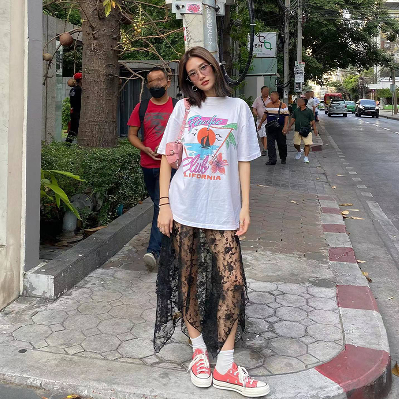 American Retro Vintage Sunrise Scenery White Short Sleeve T-Shirt for Women - Oversized Trendy Casual Top, Y2K Style