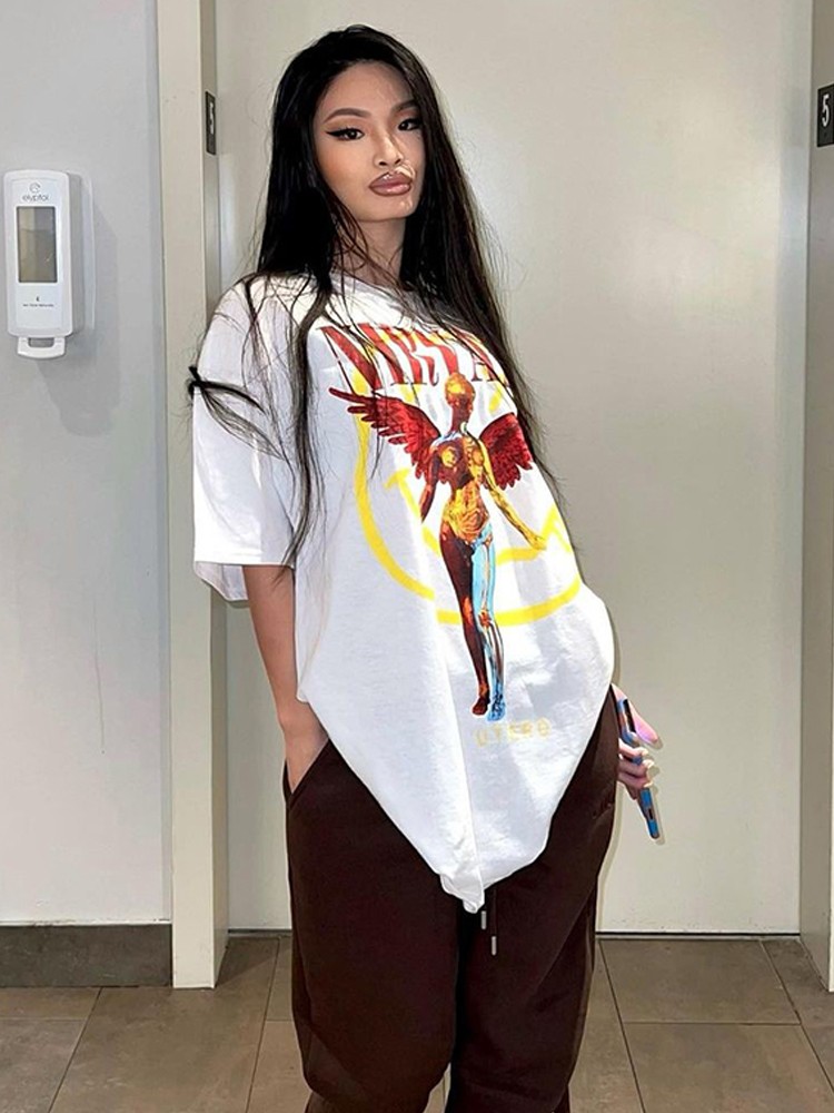 American Retro White Angel Oversized Short Sleeve T-Shirt for Women - Niche Design Spicy Girl Top, 90s Style