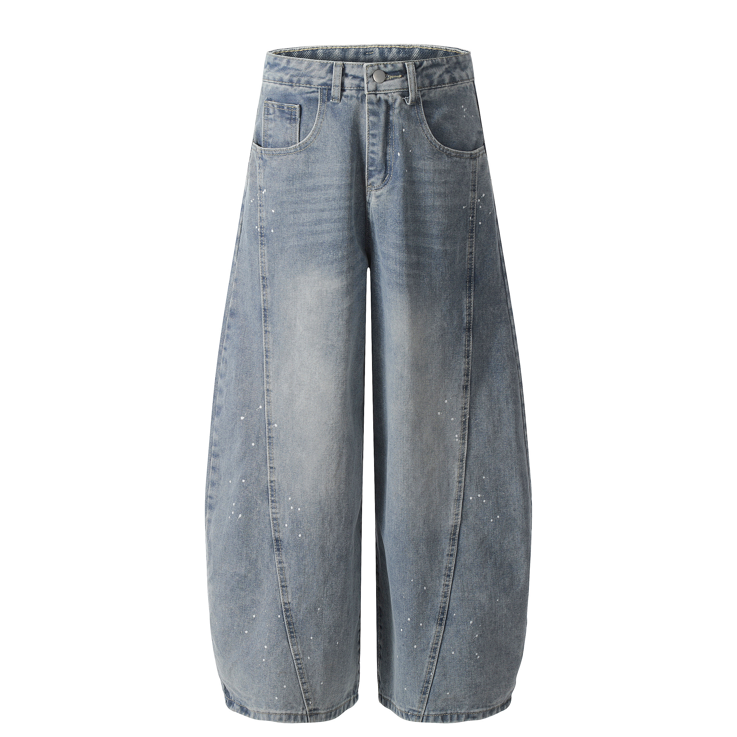 American Retro Wide-Leg Curved Blade Jeans for Women - Casual Loose-Fit, Washed Splatter Design, Versatile Street Style