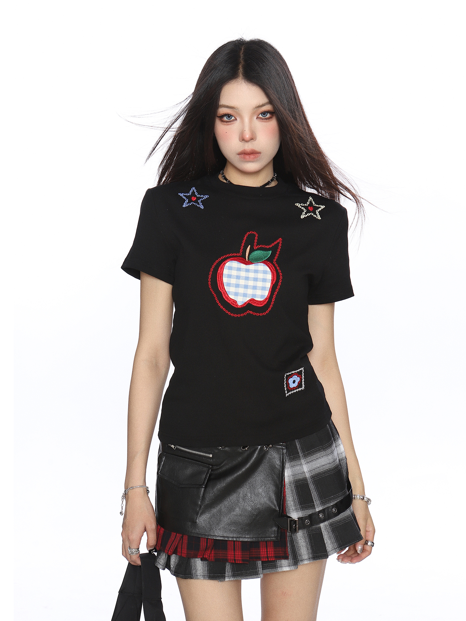 American-Style Small Apple Embroidered Short Sleeve T-Shirt for Women - Casual Summer Slimming Top, Versatile Lazy Style