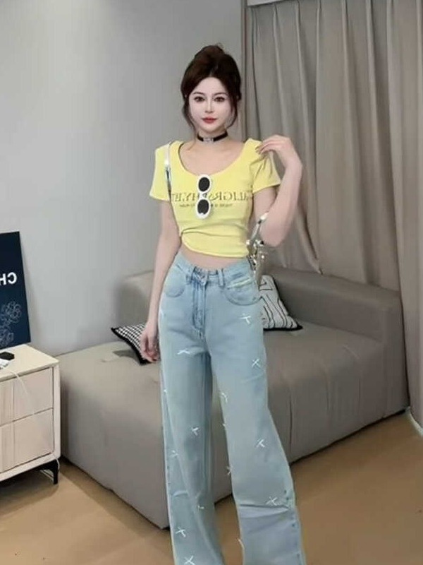 American-Style Square Neck Short Sleeve T-Shirt for Women - Spicy Girl Slim Fit Cropped Top, Summer Niche Design