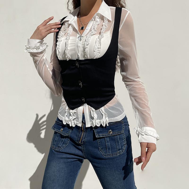 American Vintage Black Button Vest for Women - Versatile Waist-Defining Slim Top in Y2K Style