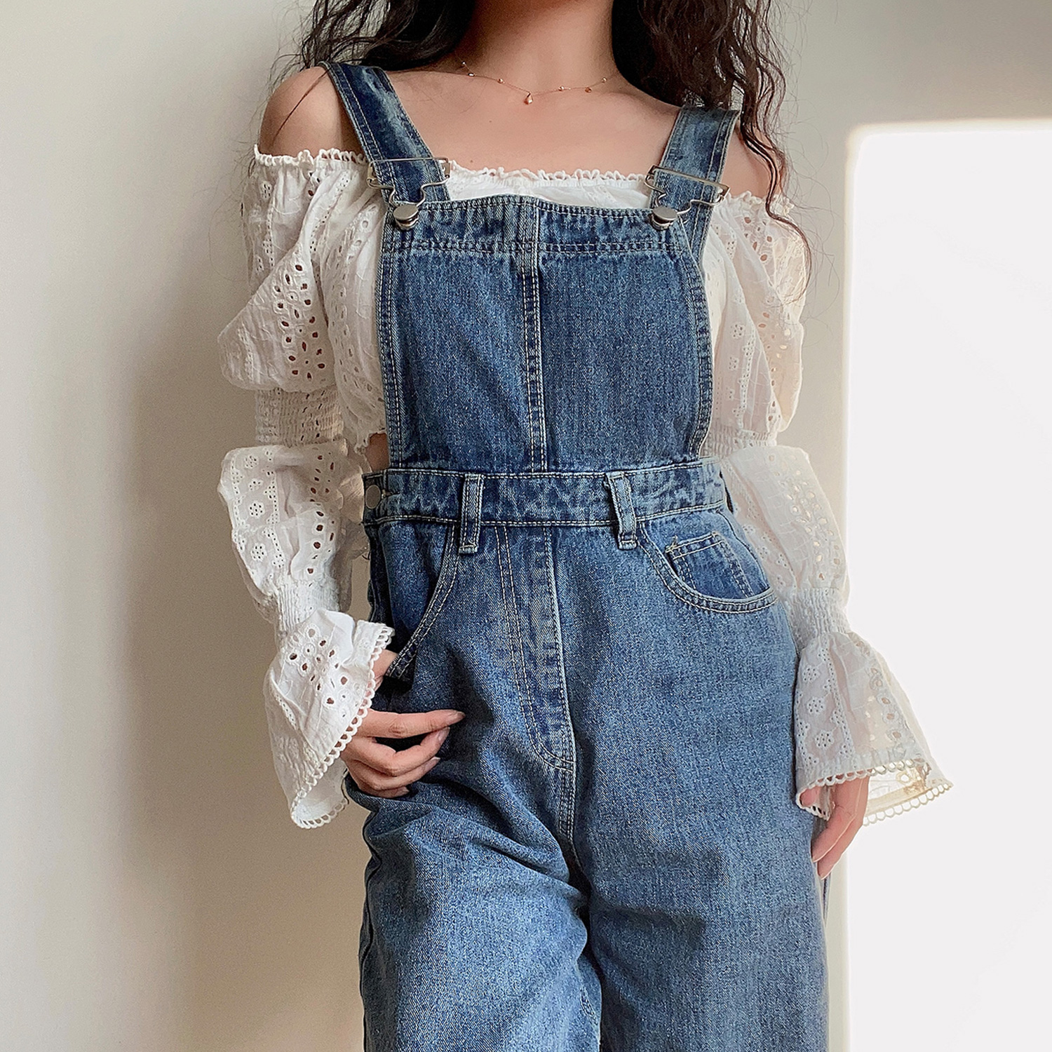 American Vintage Casual Loose Fit Suspender Straight Leg Jeans for Women - Versatile Vintage Style Pants