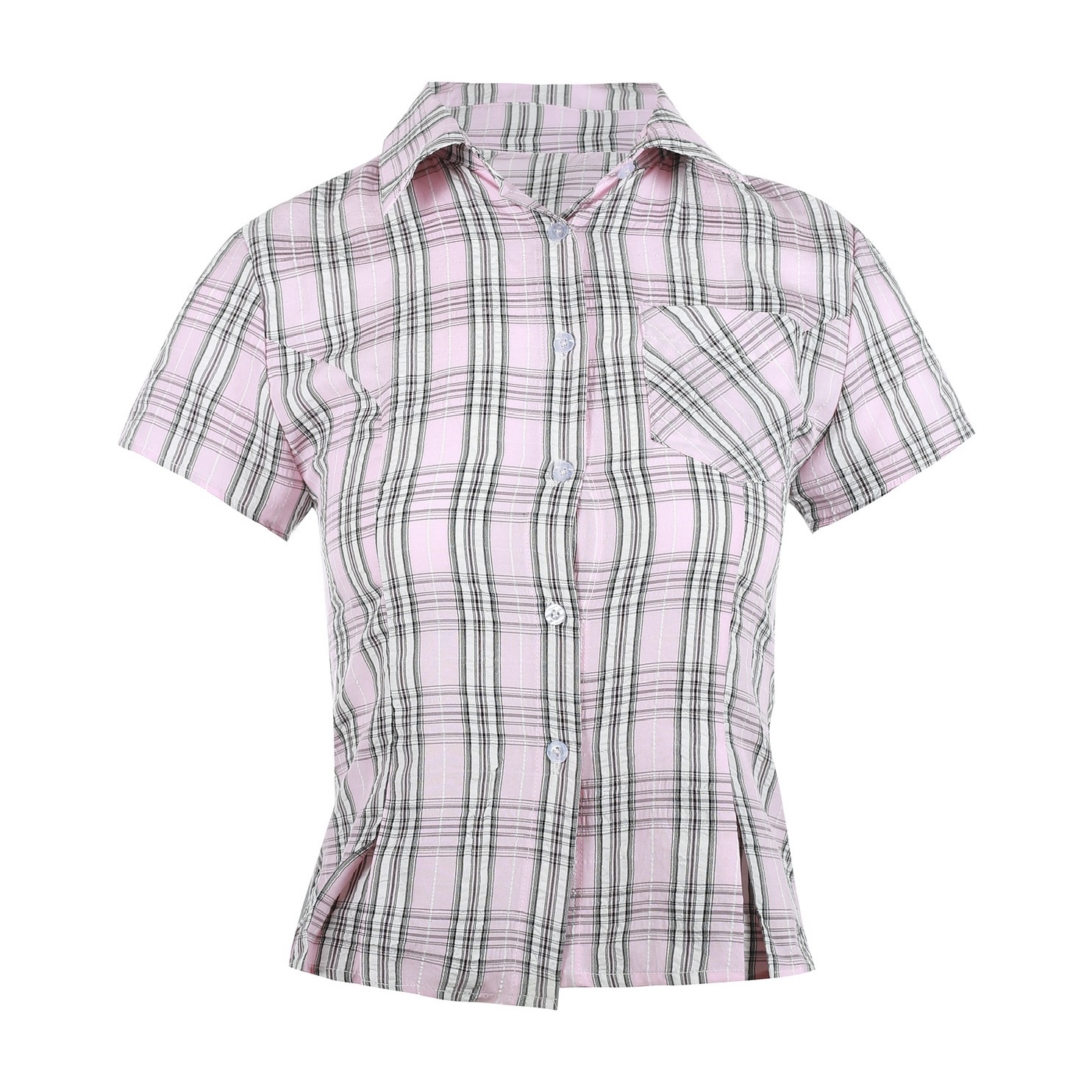 American Vintage College Style Women's Plaid Shoulder-Button Slim Fit Polo Shirt - Y2K Inspired Fashion Top