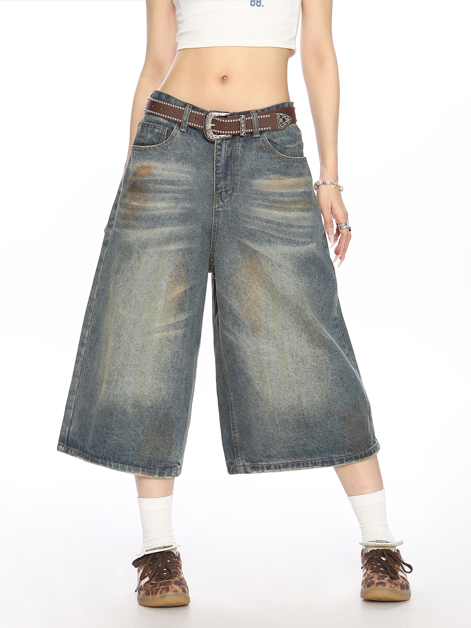 American Vintage Dirty Dyed Denim Shorts for Women - Summer Loose Straight Wide-Leg Cropped Style
