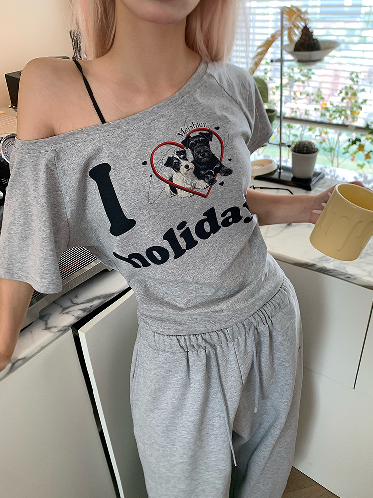 American Vintage Dog Heart Letter Print Asymmetrical Shoulder Short Sleeve T-Shirt - Versatile Summer Style