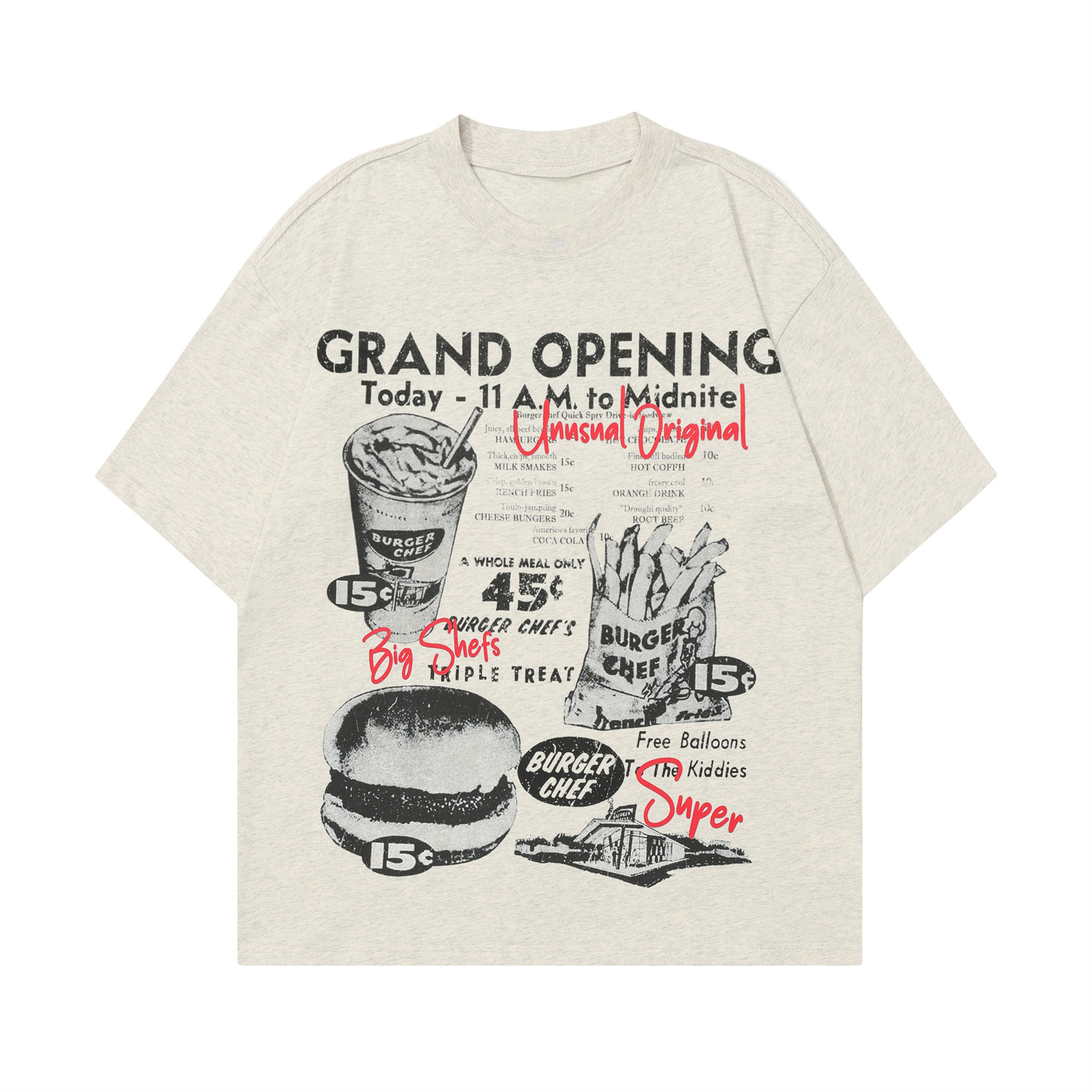 American Vintage Fun Hamburger Print Short Sleeve T-Shirt Unisex 90s Trendy Loose Fit Top