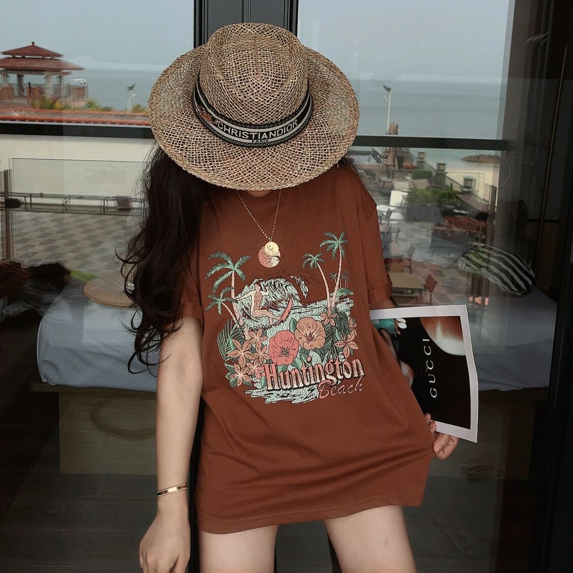 American Vintage Island Vacation Round Neck Printed T-Shirt - Short Sleeve Slim Fit Top for 2024 Spring/Summer Style
