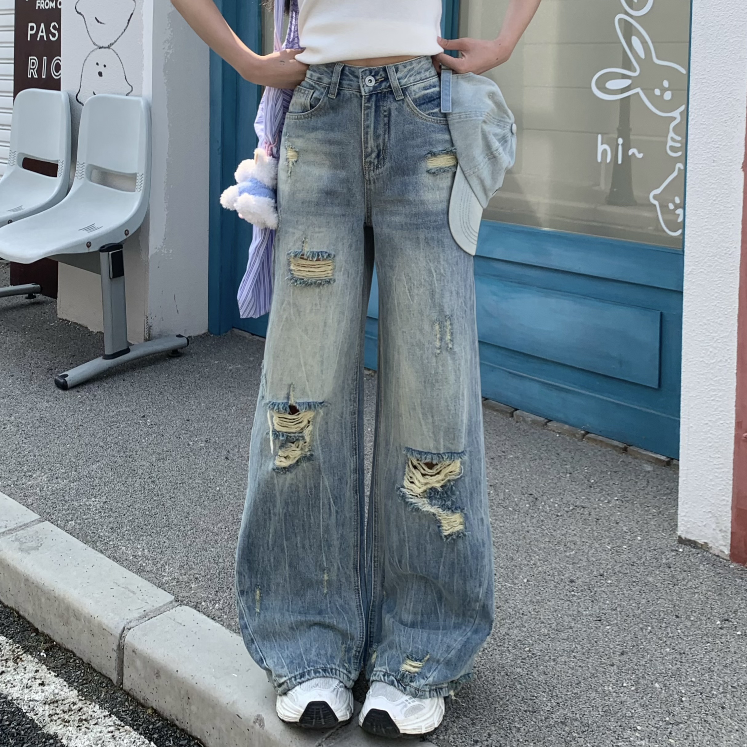 American Vintage Ripped Straight Leg Jeans for Women - Summer Mid-Waist Slim Wide-Leg Style - 90s Inspired Fashion