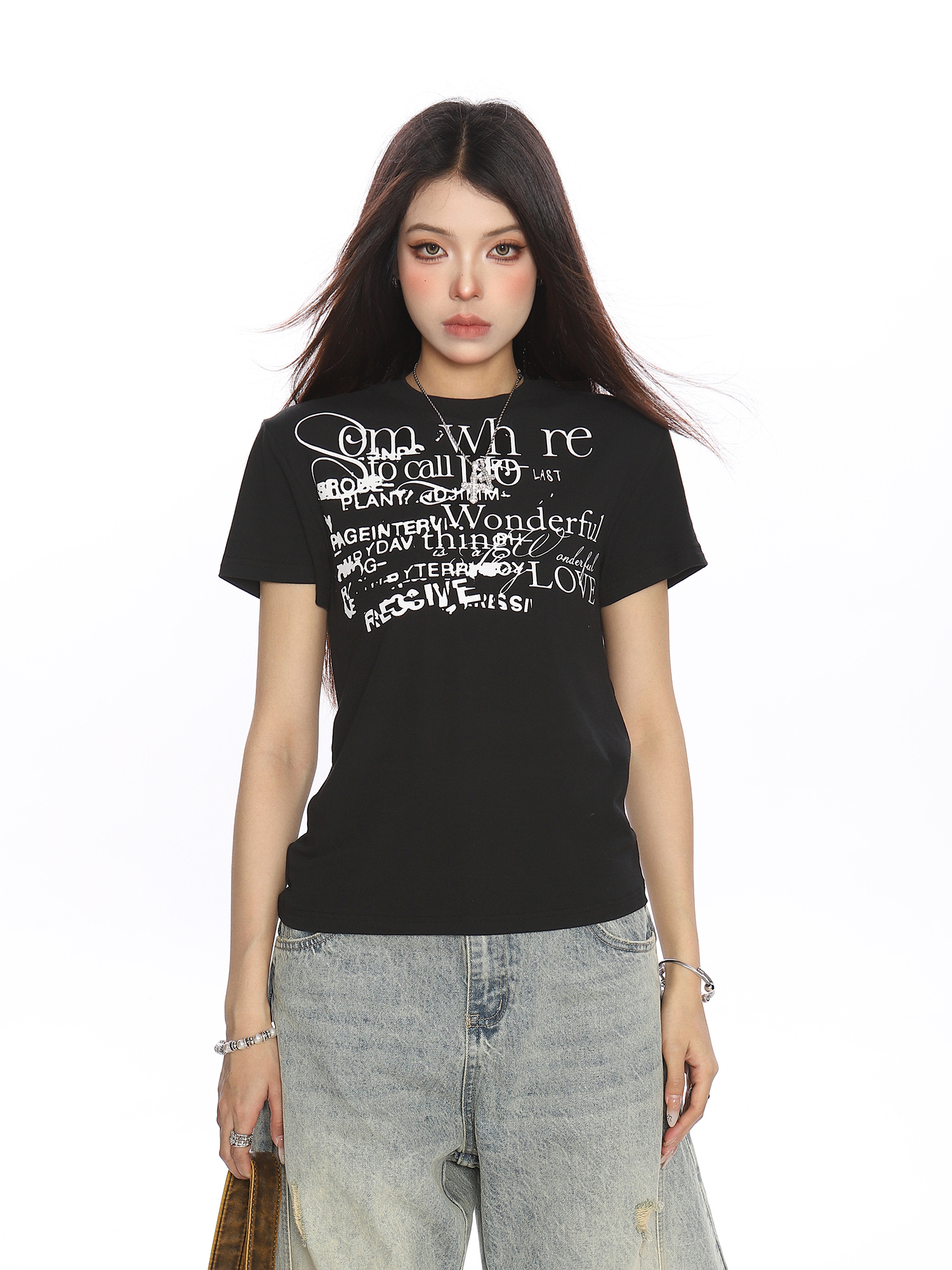 American Vintage Shoulder Short Sleeve T-Shirt for Women - Summer Casual Round Neck Top in Loose Slim Fit, Trendy Vintage Style