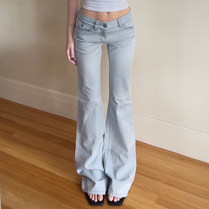 American Vintage Style Low Waist Flared Jeans for Women - Slim Fit Solid Color Versatile Long Pants