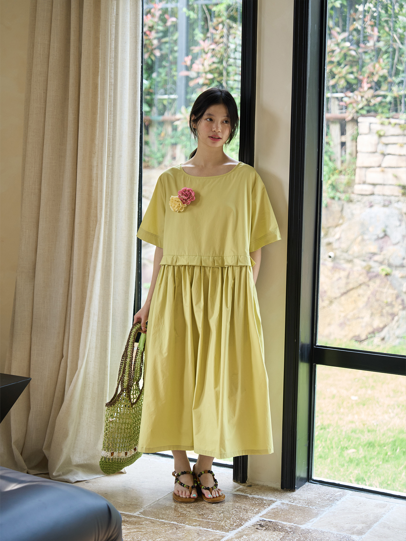 Apple Green Short Sleeve Dress with Split Design - Peony Mustard Floral Loose Shirt Dress, Y2K Style