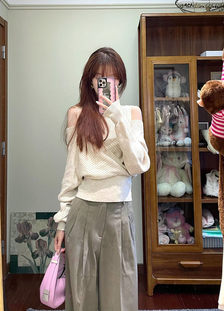 Apricot Off-Shoulder Knitted Sweater for Women, Irregular Design, Elegant Half-High Neck, 2023 Autumn Fashion