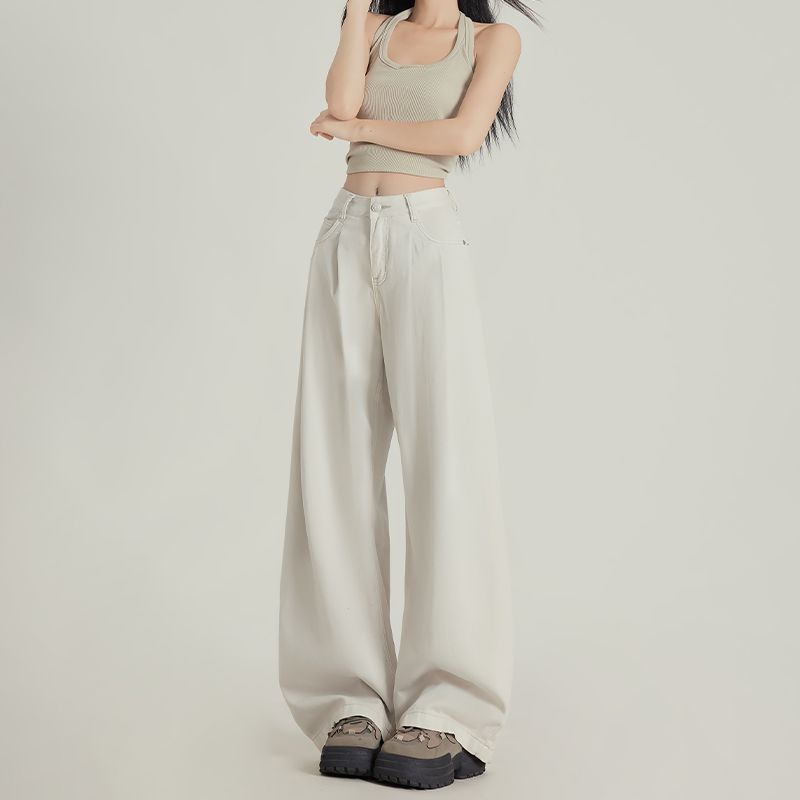 Apricot Pleated High-Waisted Loose-Fit Wide-Leg Jeans for Women - 2025 Spring/Summer Casual Style