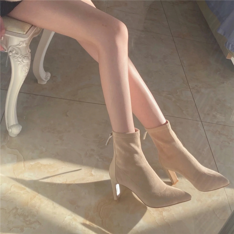 Apricot Suede High-Heeled Ankle Boots for Women - 2023 Autumn Winter Stiletto Pointed Chunky Heel Elastic Sock Boots