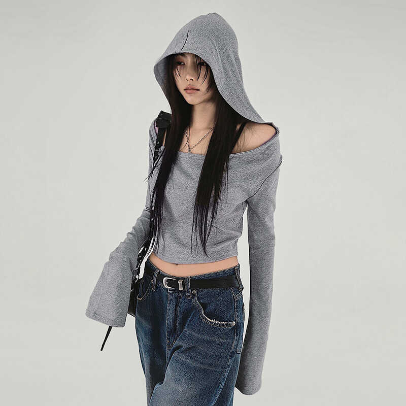 Ash Gray Off-Shoulder Hoodie T-Shirt for Women, Short Style Slim Fit, Versatile Cool Long Sleeve Top, Y2K Casual Fashion