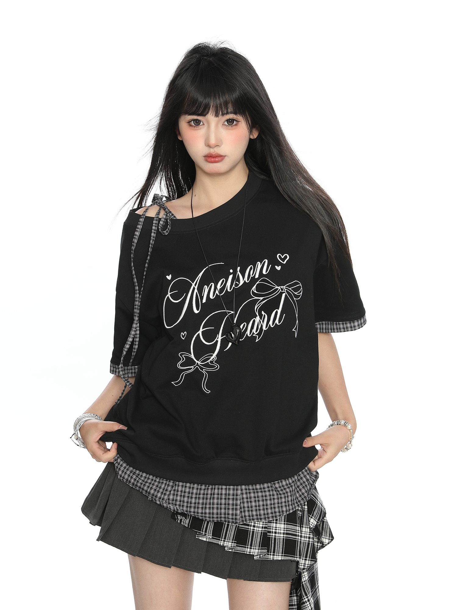 Asymmetrical Bow Tie Two-Piece Short Sleeve T-Shirt for Women - Summer Slimming Top in Korean Style