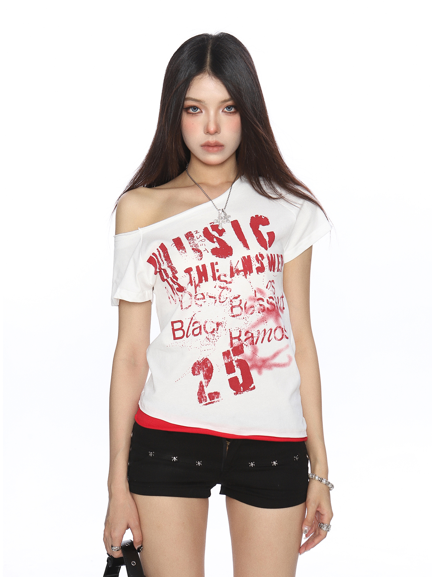 Asymmetrical Off-Shoulder Crop Top T-Shirt for Women - Y2K Punk Graffiti Short Sleeve Slim Fit Summer Style